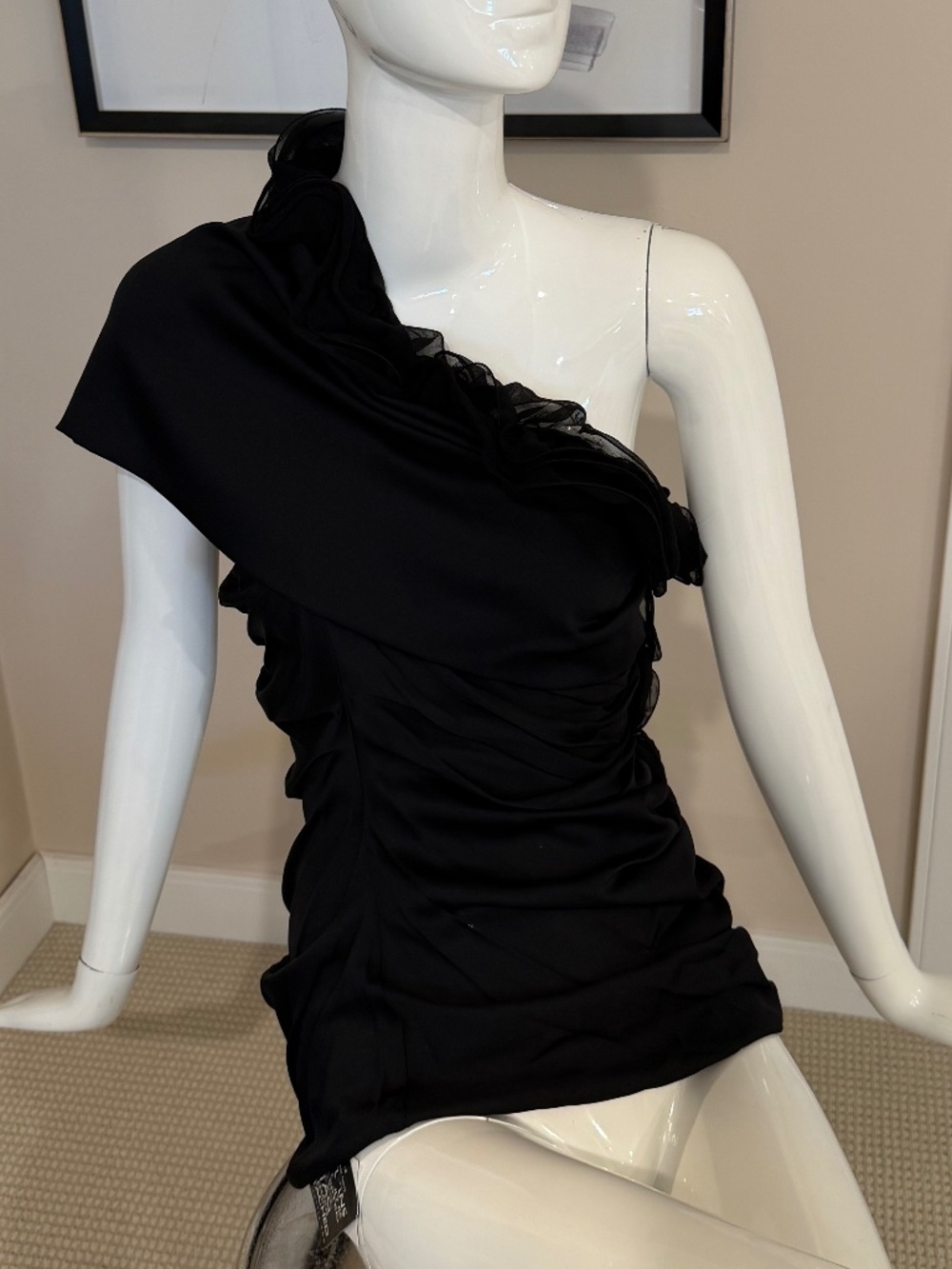 DESIGNER Catherine Malandrino Black ruffle top blouse shirt assymetrical size 10